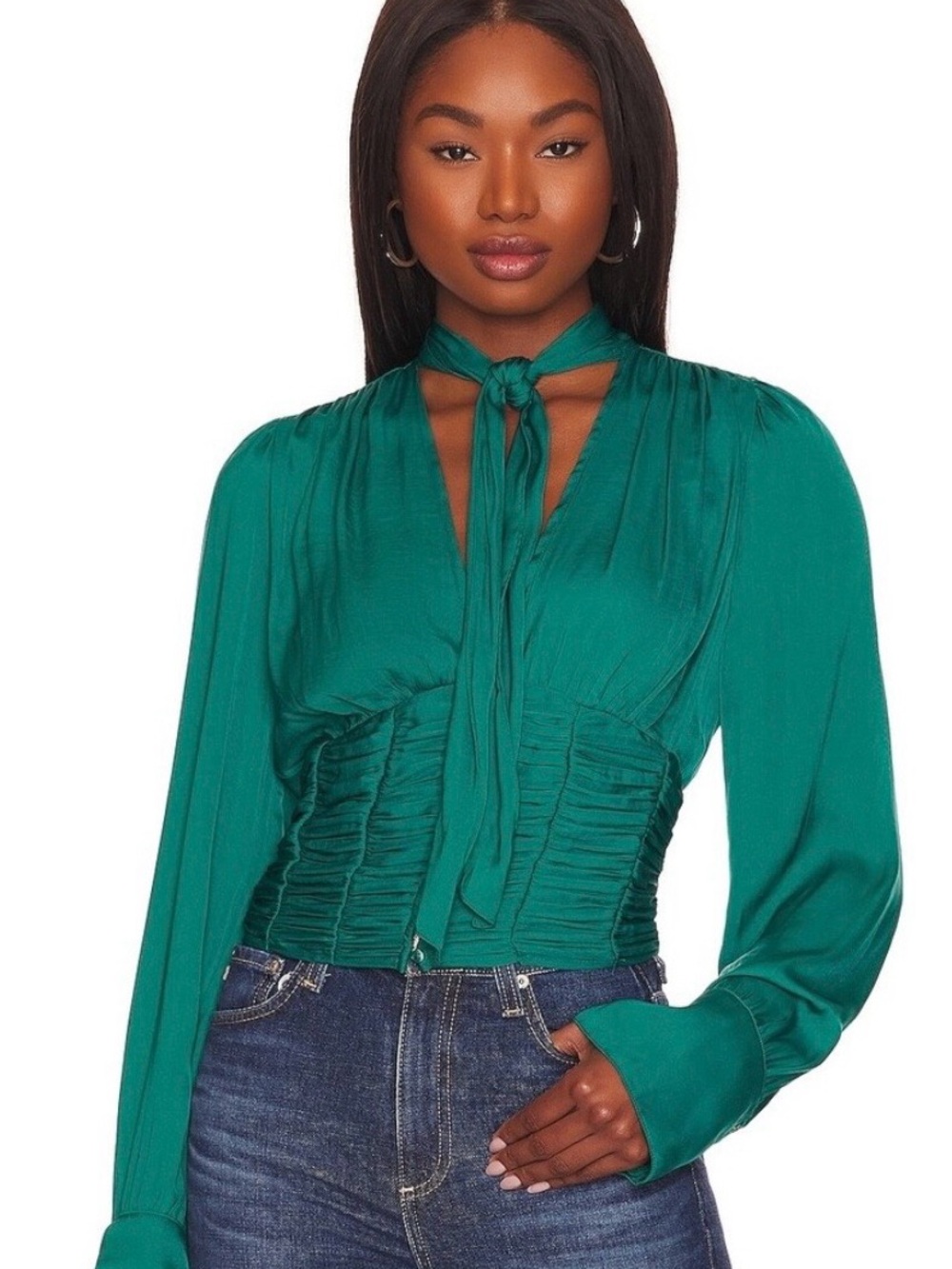 Free People Emerald Tie-Neck Satin Blouse